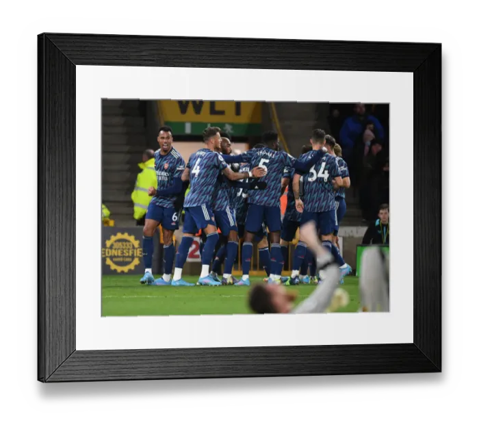 Framed Print : Arsenal Celebrate Gabriel's Goal: Wolverhampton Wanderers vs Arsenal, Premier League 2021-22