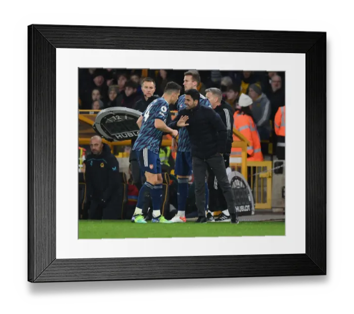 Framed Print : Arsenal Manager Mikel Arteta Conferring with Granit Xhaka during Wolverhampton Wanderers vs Arsenal, Premier League 2021-22