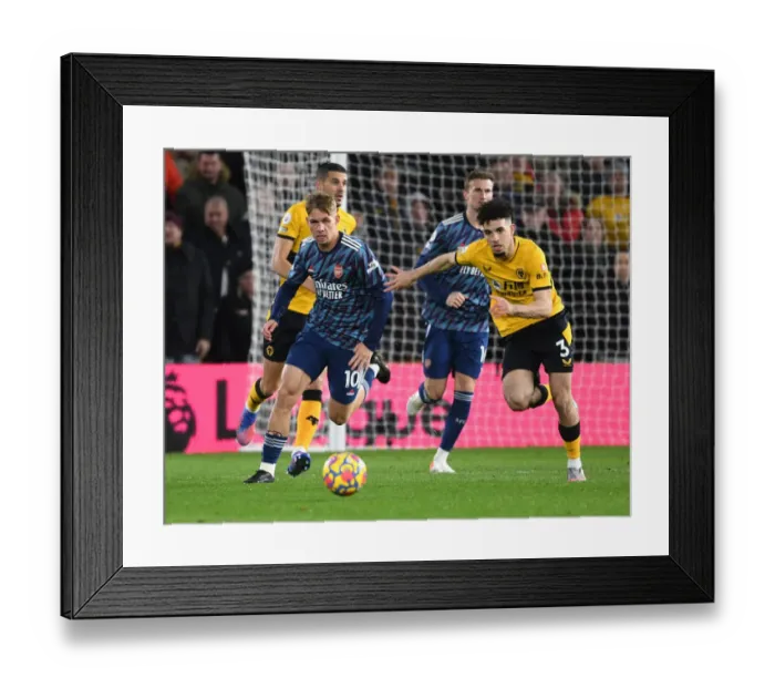 Framed Print : Emile Smith Rowe Breaks Past Wolves Rayan Ait-Nouri: Wolverhampton Wanderers vs Arsenal, Premier League 2021-22
