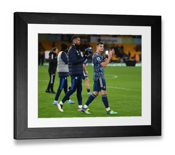 Framed Print : Arsenal Players Granit Xhaka and Zach Awe Celebrate with Fans after Wolverhampton Wanderers Match, 2021-22 Premier League