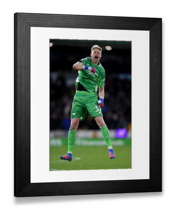 Framed Print : Arsenal's Aaron Ramsdale: Savoring Triumph over Wolverhampton Wanderers in the Premier League