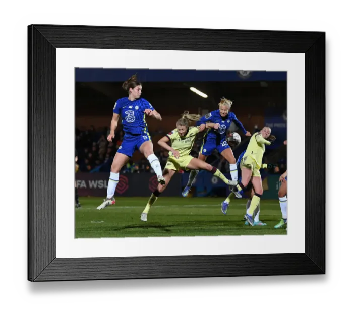 Framed Print : Leap of Determination: Williamson Fights for the Ball in Chelsea vs. Arsenal FA WSL Clash Framed Print : Leap of Determination: Williamson Fights for the Ball in Chelsea vs. Arsenal FA WSL Clash