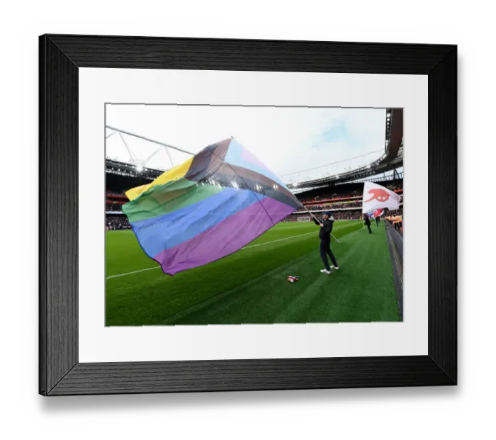 Framed Print : Arsenal Pride Night: A Sea of Rainbow Flags at Emirates Stadium during Arsenal vs. Brentford, Premier League 2021-22