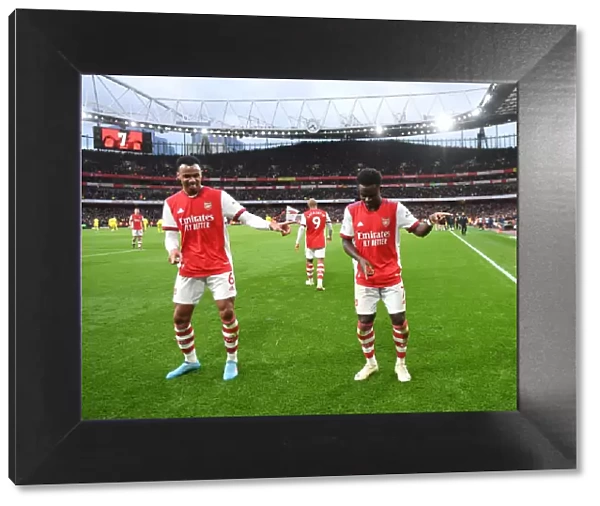 Arsenal's Bukayo Saka and Gabriel Celebrate Goal vs. Brentford (2021-22)