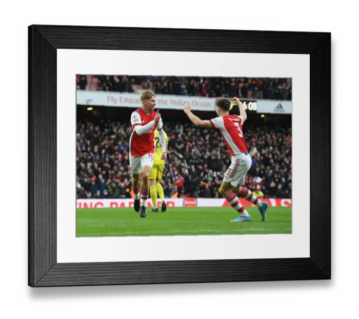 Framed Print : Arsenal: Smith Rowe and Tierney Celebrate First Goal Against Brentford (2021-22) Framed Print : Arsenal: Smith Rowe and Tierney Celebrate First Goal Against Brentford (2021-22)