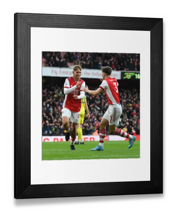 Framed Print : Smith Rowe and Tierney: Arsenal's Celebration of First Goal Against Brentford (2021-22)