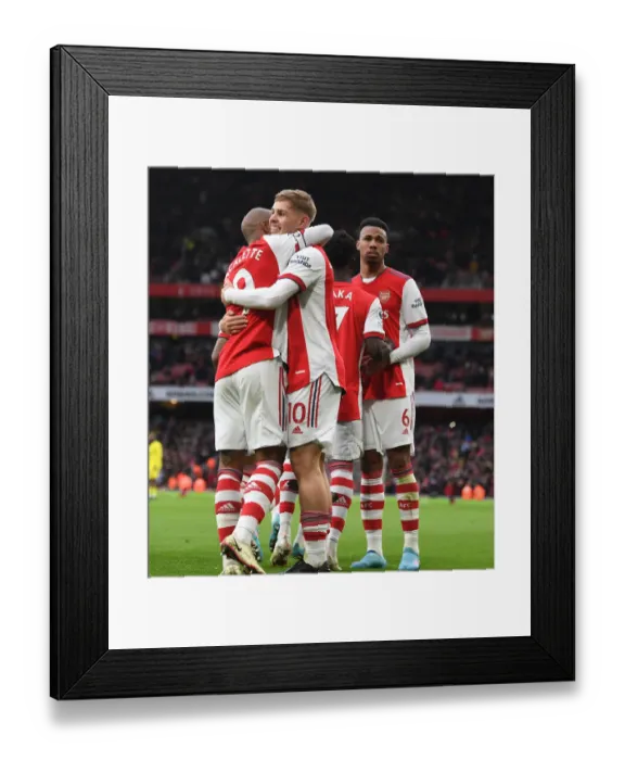 Framed Print : Arsenal's Smith Rowe and Lacazette Celebrate First Goal Against Brentford in 2021-22 Premier League