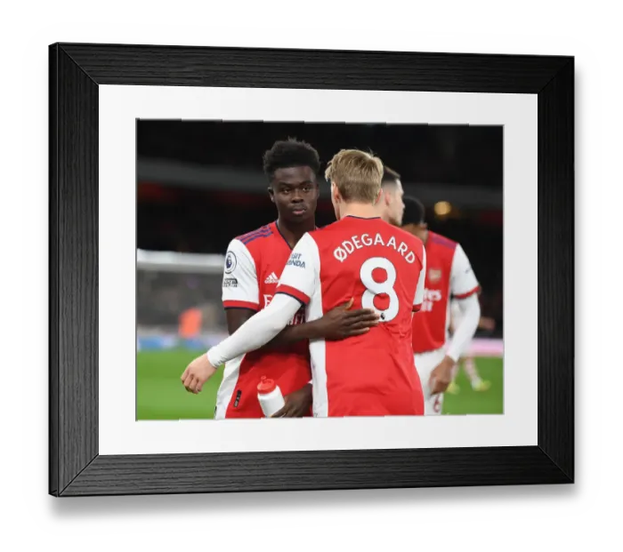 Framed Print : Arsenal Duo Bukayo Saka and Martin Odegaard Pre-Match Huddle vs. Wolverhampton Wanderers (Premier League 2021-22) Framed Print : Arsenal Duo Bukayo Saka and Martin Odegaard Pre-Match Huddle vs. Wolverhampton Wanderers (Premier League 2021-22)