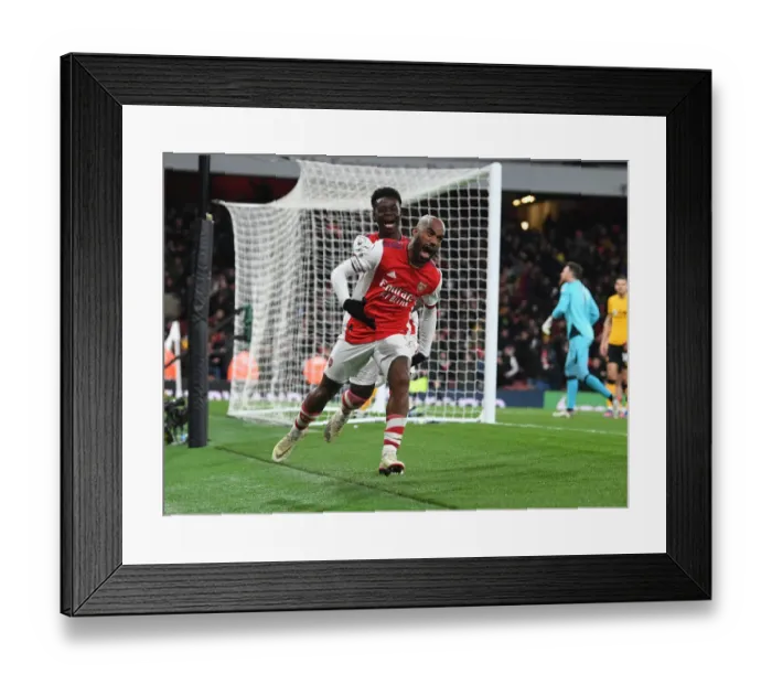 Framed Print : Arsenal: Lacazette and Saka Celebrate Goals Against Wolverhampton Wanderers, Premier League 2021-22 Framed Print : Arsenal: Lacazette and Saka Celebrate Goals Against Wolverhampton Wanderers, Premier League 2021-22