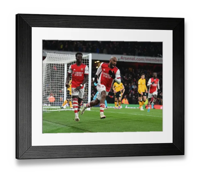 Framed Print : Arsenal: Lacazette and Saka Celebrate Goal Against Wolverhampton Wanderers Framed Print : Arsenal: Lacazette and Saka Celebrate Goal Against Wolverhampton Wanderers