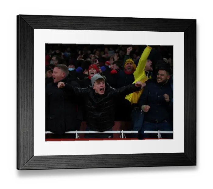 Framed Print : Arsenal Fans Celebrate Second Goal Against Wolverhampton Wanderers in 2021-22 Premier League Match