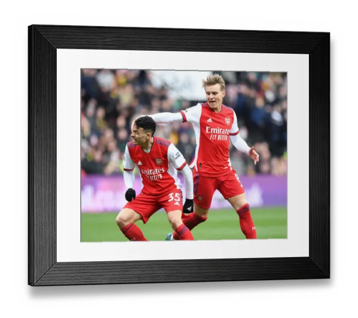 Framed Print : Martinelli and Odegaard Celebrate Arsenal's Third Goal vs. Watford (2021-22) Framed Print : Martinelli and Odegaard Celebrate Arsenal's Third Goal vs. Watford (2021-22)