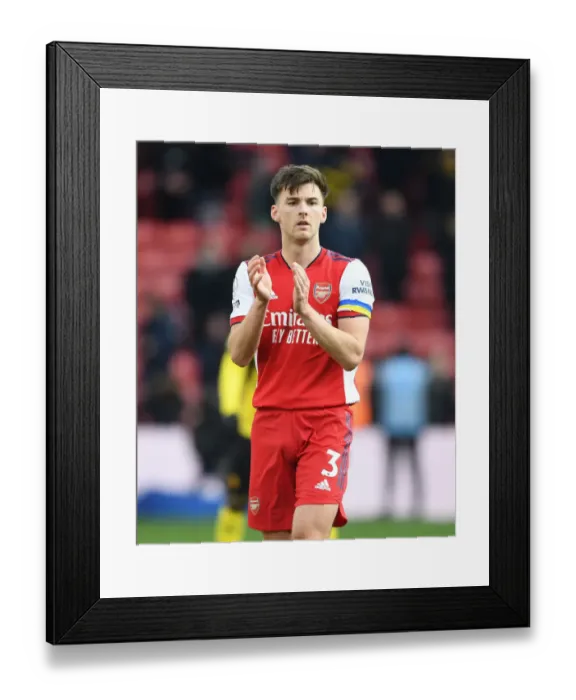 Framed Print : Arsenal's Kieran Tierney Celebrates with Fans after Watford Victory Framed Print : Arsenal's Kieran Tierney Celebrates with Fans after Watford Victory
