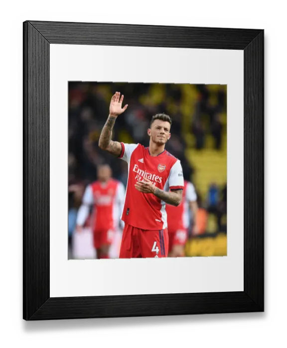 Framed Print : Ben White's Emotional Celebration: Arsenal's Premier League Victory over Watford (2021-22)