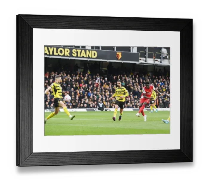 Framed Print : Bukayo Saka Scores the Second: Arsenal Triumphs over Watford in Premier League Clash Framed Print : Bukayo Saka Scores the Second: Arsenal Triumphs over Watford in Premier League Clash