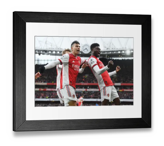Framed Print : Arsenal's Partey, Martinelli, and Odegaard Celebrate Goal Against Leicester City (2021-22) Framed Print : Arsenal's Partey, Martinelli, and Odegaard Celebrate Goal Against Leicester City (2021-22)