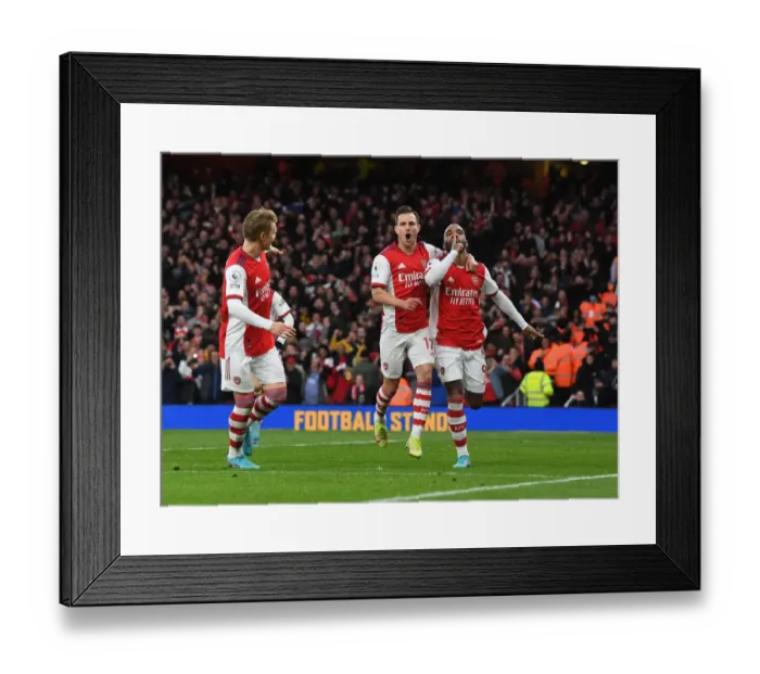 Framed Print : Arsenal Celebrate: Lacazette's Double with Odegaard and Cedric (2021-22) Framed Print : Arsenal Celebrate: Lacazette's Double with Odegaard and Cedric (2021-22)