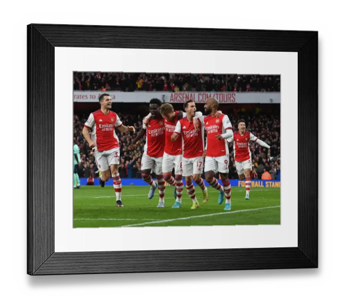 Framed Print : Arsenal's Xhaka, Saka, Odegaard, and Cedric Celebrate Lacazette's Goal Against Leicester City (2021-22) Framed Print : Arsenal's Xhaka, Saka, Odegaard, and Cedric Celebrate Lacazette's Goal Against Leicester City (2021-22)