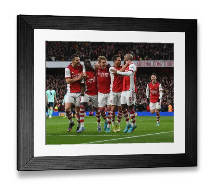Framed Print : Arsenal Celebrate Lacazette's Goal: Xhaka, Saka, Odegaard, and Cedric Rejoice (2021-22) Framed Print : Arsenal Celebrate Lacazette's Goal: Xhaka, Saka, Odegaard, and Cedric Rejoice (2021-22)