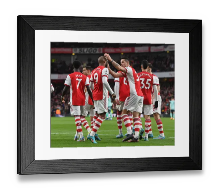Framed Print : Alexis Lacazette and Granit Xhaka Celebrate Arsenal's Second Goal Against Leicester City (2021-22)