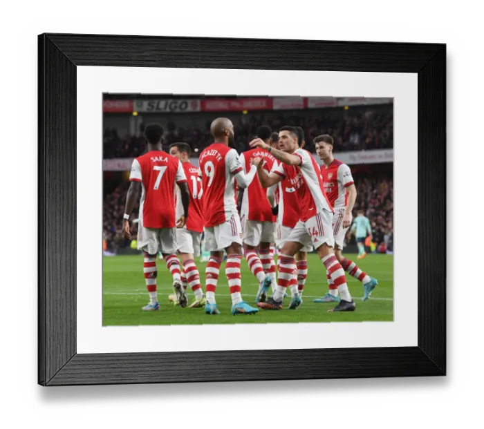 Framed Print : Arsenal's Lacazette and Xhaka Celebrate Goals Against Leicester City (2021-22)