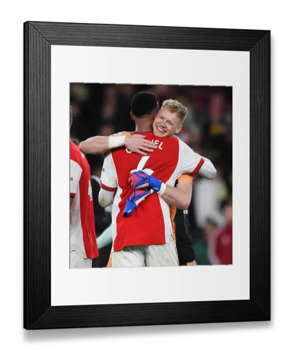 Framed Print : Arsenal's Ramsdale and Magalhaes Celebrate Victory Over Leicester City in the Premier League