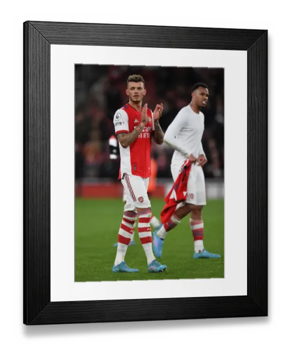 Framed Print : Ben White's Emotional Reaction: Arsenal's Victory over Leicester City (Premier League 2021-22)