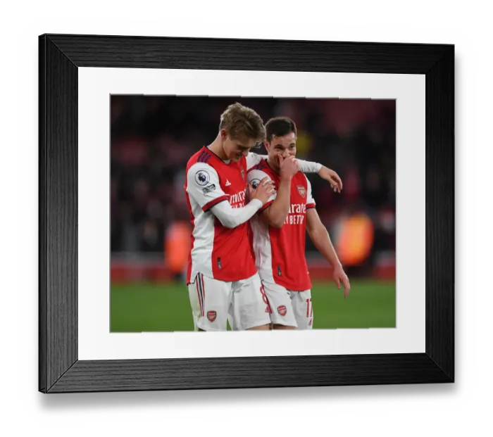 Framed Print : Arsenal: Odegaard and Soares Share a Moment After Arsenal vs. Leicester City (2021-22)