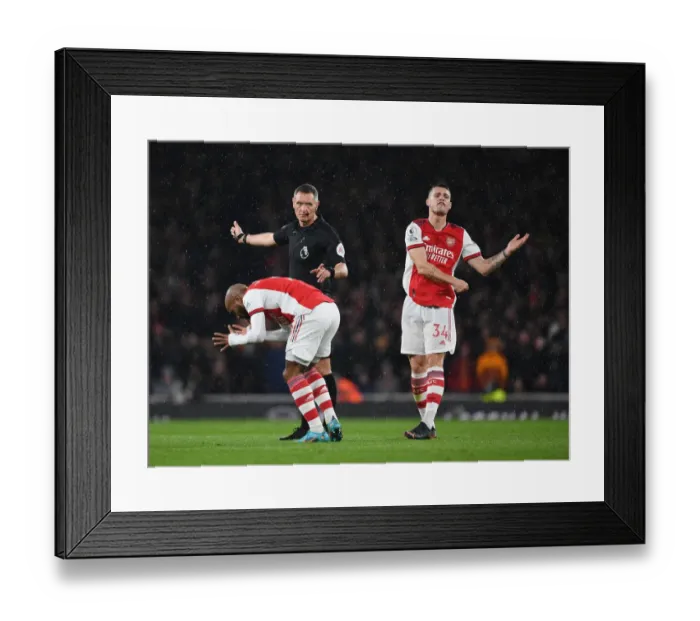 Framed Print : Intense Rivalry: Arsenal's Lacazette and Xhaka's Reaction to Referee Decision Amidst Arsenal vs. Liverpool Controversy (2021-22)