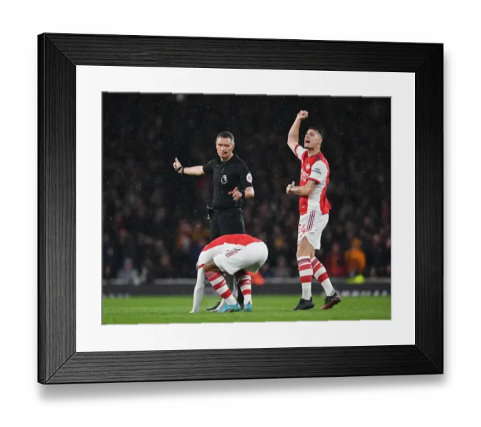 Framed Print : Intense Rivalry: Lacazette and Xhaka's Reaction to Controversial Referee Decision (Arsenal vs Liverpool, 2021-22)