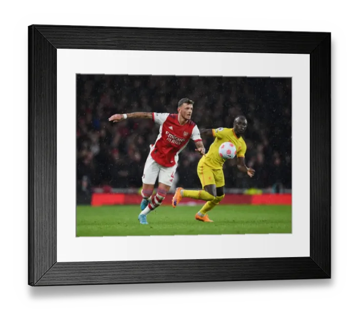 Framed Print : Arsenal vs. Liverpool: Battle of the Titans - Ben White vs. Sadio Mane Framed Print : Arsenal vs. Liverpool: Battle of the Titans - Ben White vs. Sadio Mane