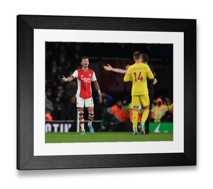 Framed Print : Intense Battle at Emirates: Arsenal vs Liverpool - Ben White's Moment (2021-22)