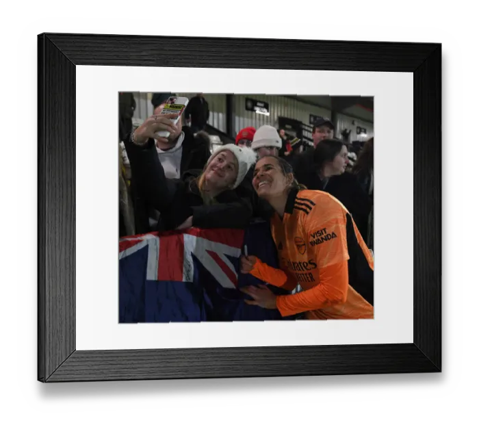 Framed Print : Arsenal's Lydia Williams and Fan Celebrate FA Cup Quarterfinal Victory with Selfie Framed Print : Arsenal's Lydia Williams and Fan Celebrate FA Cup Quarterfinal Victory with Selfie