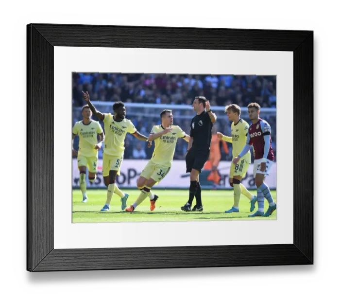 Framed Print : Arsenal's Partey and Xhaka Protest Referee During Aston Villa vs Arsenal, Premier League 2021-22