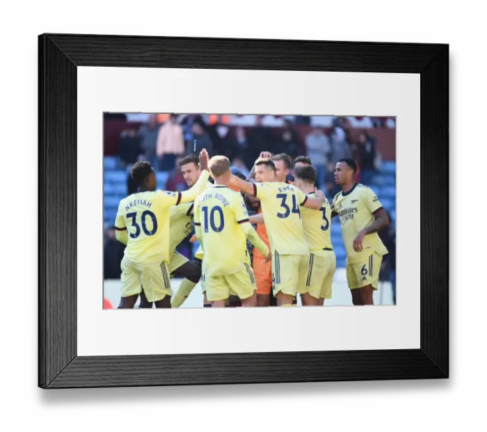 Framed Print : Arsenal's Victory Celebration: Nketiah, Smith Rowe, Xhaka, Tierney, and Gabriel Rejoice after Winning against Aston Villa