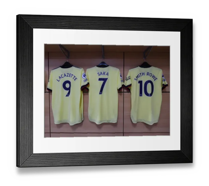 Framed Print : Arsenal Players Shirts in the Changing Room Before Aston Villa vs Arsenal, Premier League 2021-22 Framed Print : Arsenal Players Shirts in the Changing Room Before Aston Villa vs Arsenal, Premier League 2021-22