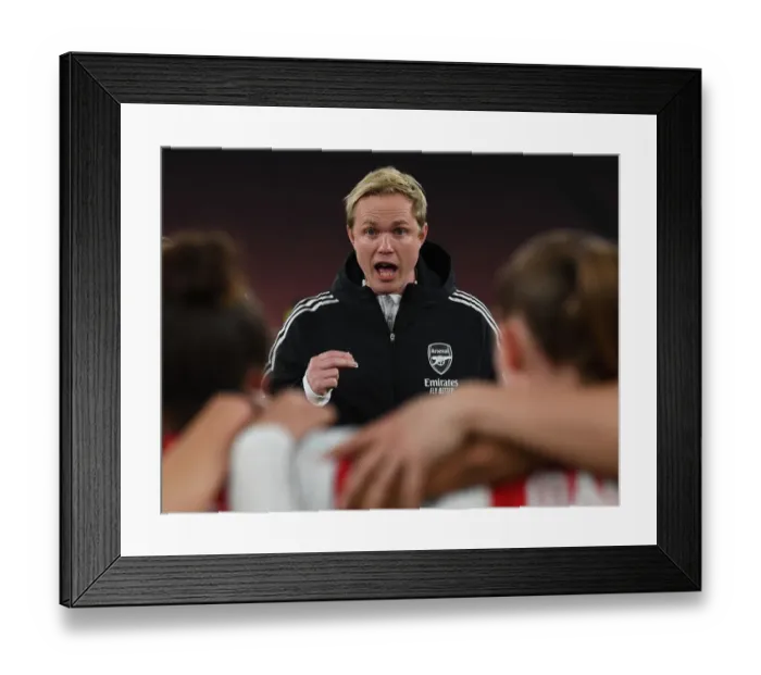 Framed Print : Arsenal Women's Coach Jonas Eidevall Motivates Team Against VfL Wolfsburg in UEFA Champions League Quarterfinals