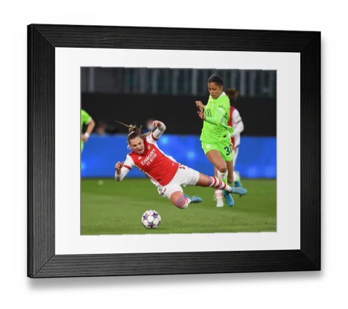 Framed Print : Arsenal vs. VfL Wolfsburg: A Battle in the UEFA Women's Champions League Quarterfinals