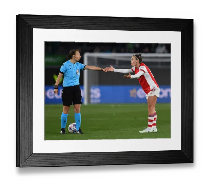 Framed Print : Arsenal's Caitlin Foord Appeals in Dramatic UEFA Women's Champions League Quarterfinals Clash vs. VfL Wolfsburg Framed Print : Arsenal's Caitlin Foord Appeals in Dramatic UEFA Women's Champions League Quarterfinals Clash vs. VfL Wolfsburg