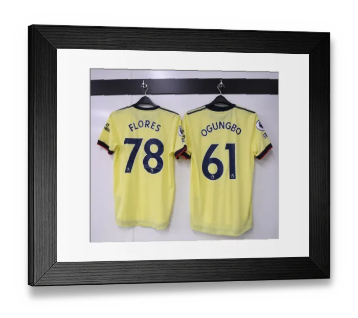 Framed Print : Arsenal Changing Room: Marcelo Flores and Mazeed Ogungbo's Shirts Before Crystal Palace Match Framed Print : Arsenal Changing Room: Marcelo Flores and Mazeed Ogungbo's Shirts Before Crystal Palace Match