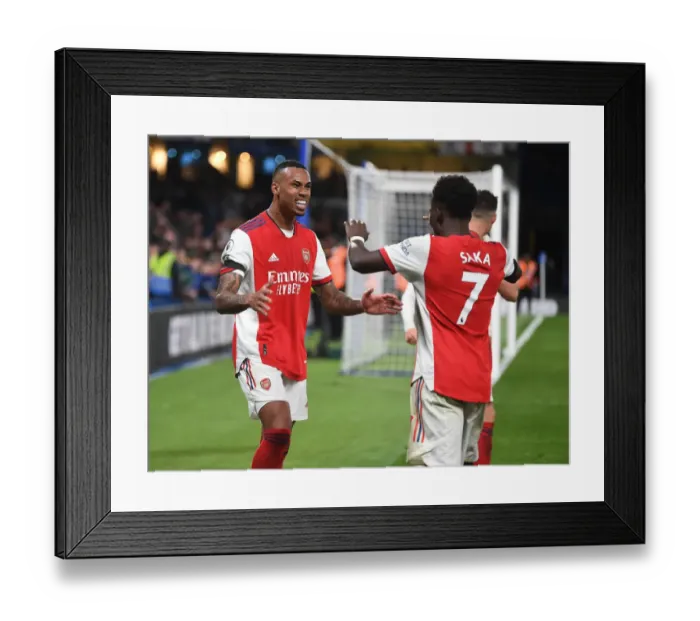 Framed Print : Saka and Gabriel Celebrate Arsenal's Fourth Goal Against Chelsea (2021-22) Framed Print : Saka and Gabriel Celebrate Arsenal's Fourth Goal Against Chelsea (2021-22)