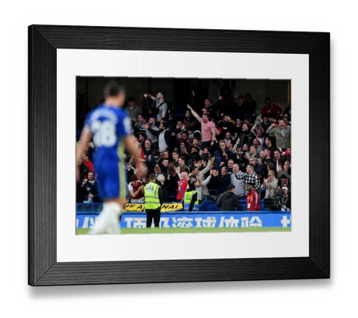 Framed Print : Arsenal Fans Unwavering Passion: A Sea of Red and White at Stamford Bridge during Chelsea vs Arsenal, Premier League 2021-22