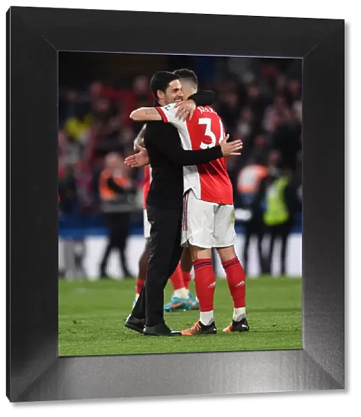 Arsenal Manager Mikel Arteta Embraces Granit Xhaka after Chelsea Victory, 2021-22 Premier League