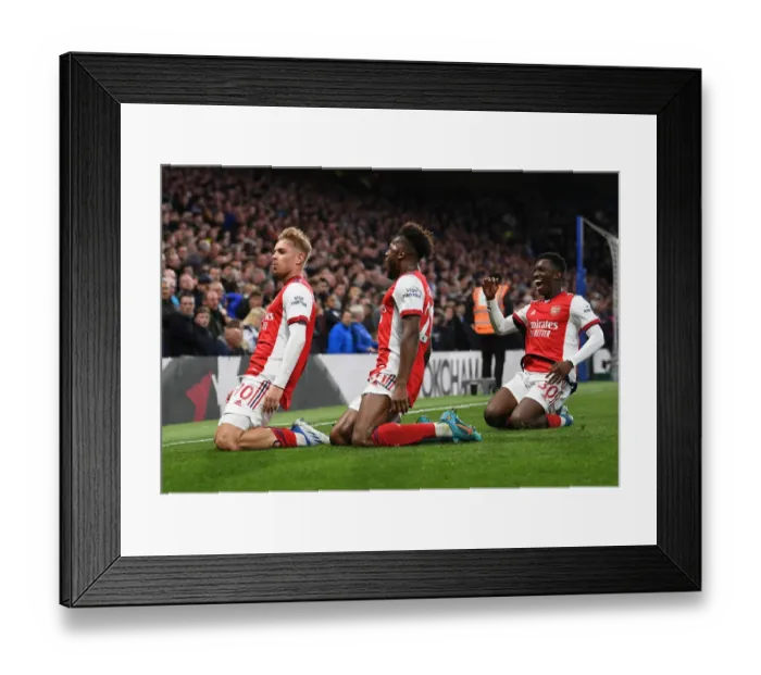 Framed Print : Smith Rowe, Tavares, and Nketiah: Arsenal's Dynamic Duo Celebrate Goals Against Chelsea (April 2022)