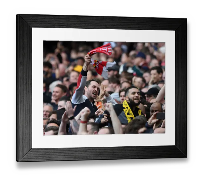 Framed Print : Arsenal Fans Euphoria: The Unforgettable Moment of the Second Goal Against Manchester United in the 2021-22 Premier League