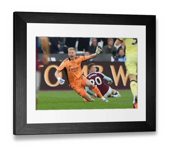 Framed Print : Arsenal's Ramsdale Reacts to Bowen's Controversial Dive in West Ham vs Arsenal (Premier League 2021-22) Framed Print : Arsenal's Ramsdale Reacts to Bowen's Controversial Dive in West Ham vs Arsenal (Premier League 2021-22)