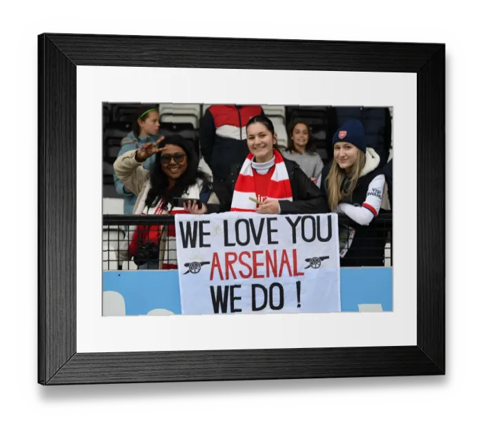 Framed Print : Arsenal Fans Celebrate at Meadow Park: Arsenal Women vs. Aston Villa Women, FA WSL 2021-22