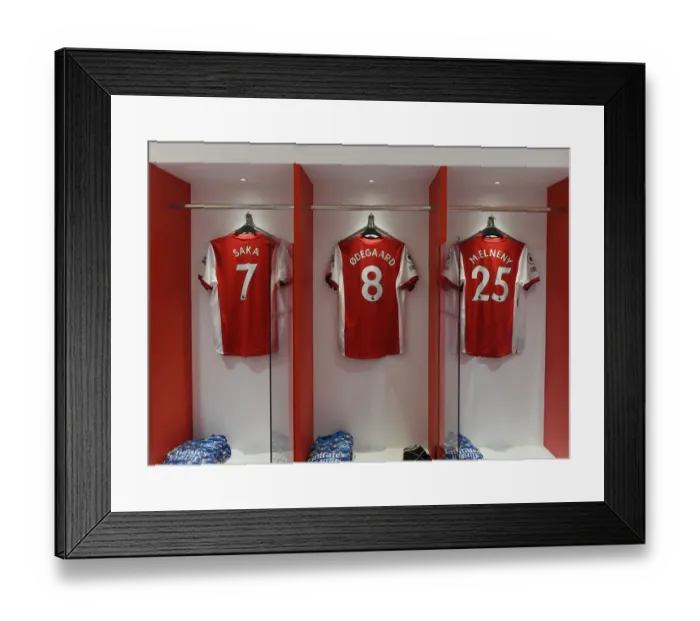 Framed Print : Arsenal Changing Room: Saka, Odegaard, Elneny Shirts Ready for Arsenal v Leeds United Framed Print : Arsenal Changing Room: Saka, Odegaard, Elneny Shirts Ready for Arsenal v Leeds United