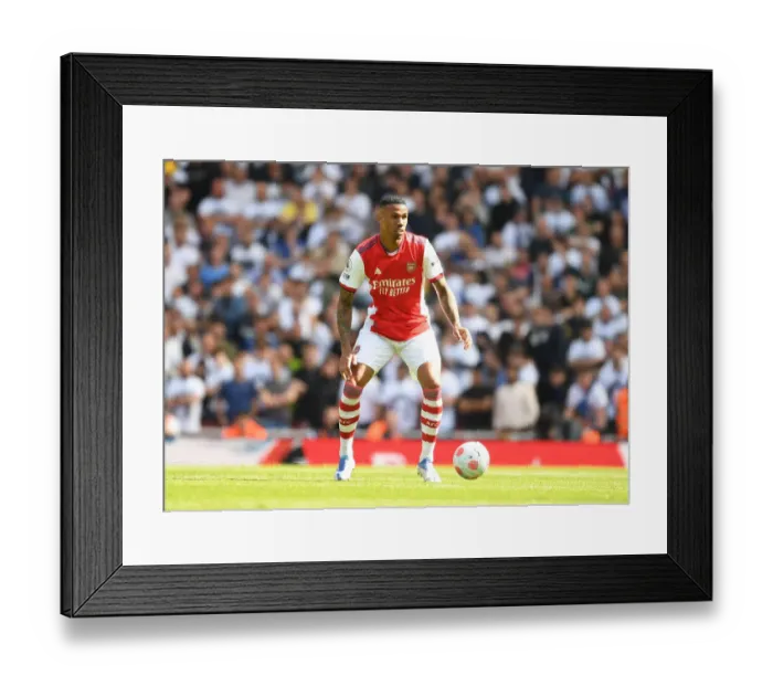 Framed Print : Gabriel's Battle: Arsenal Star Faces Off Against Leeds United in Premier League Showdown (2021-22)