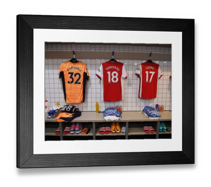Framed Print : Arsenal Pre-Match: Ramsdale, Tomiyasu, and Cedric's Hanging Shirts in the Changing Room (Tottenham vs Arsenal, Premier League 2021-22) Framed Print : Arsenal Pre-Match: Ramsdale, Tomiyasu, and Cedric's Hanging Shirts in the Changing Room (Tottenham vs Arsenal, Premier League 2021-22)